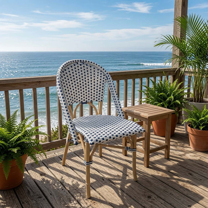 Cafe White/Royal Blue Side Chair with Rattan Frame