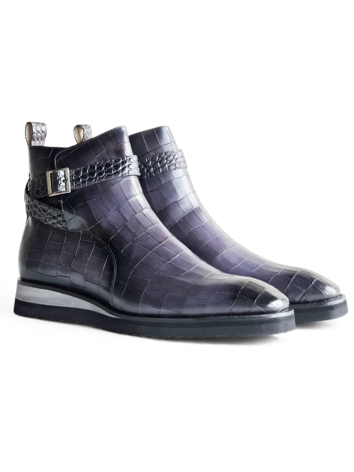 Carrucci Vesper Gray Croc Embossed Leather Cross Strap Wedge Boots