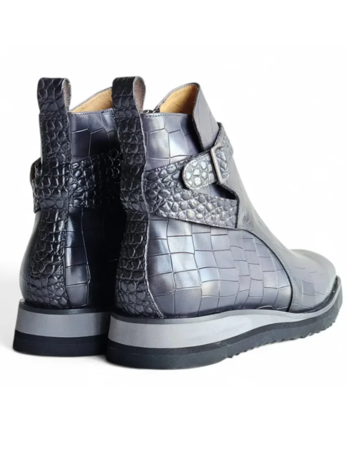 Carrucci Vesper Gray Croc Embossed Leather Cross Strap Wedge Boots