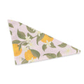 Triangular pink dog bandana printed with clementines, green leaves, and white citrus blossoms.