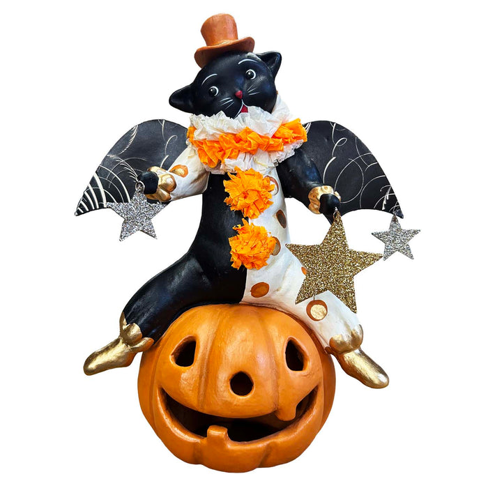 Clowning Around Cat on Jack O'Lantern - 10" Tall from the 2026 Moonlight Masquerade Halloween collection at Roger's Gardens