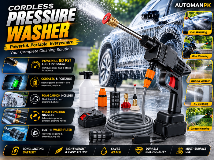 Cordless Pressure Washer 48V – Car, Solar Panel & Bike Wash | 2 Nozzles, Foam Pipe & Bottle
