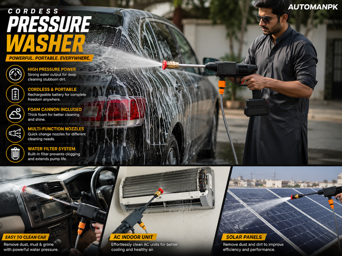 Cordless Pressure Washer 48V – Car, Solar Panel & Bike Wash | 2 Nozzles, Foam Pipe & Bottle