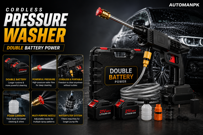 Cordless Pressure Washer 48V – Car, Solar Panel & Bike Wash | 2 Nozzles, Foam Pipe & Bottle