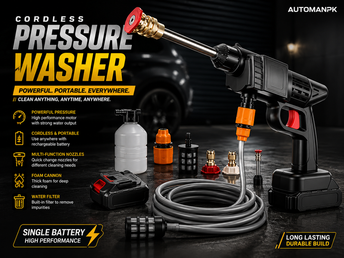 Cordless Pressure Washer 48V – Car, Solar Panel & Bike Wash | 2 Nozzles, Foam Pipe & Bottle