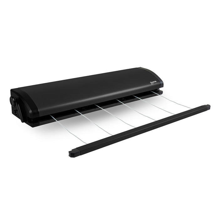 Daytek 6 line retractable clothesline cabinet with the lines partially extended, in the colour black.