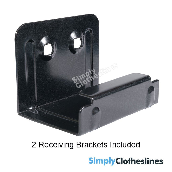 Close-up of the two black powder-coated receiving brackets included with the Daytek 6 line retractable clothesline.