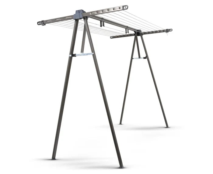 Daytek A-Frame portable clothesline in a dark grey colour shown fully open against a white background.