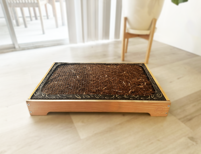 Wooden Bark Potty tray with a disposable pet potty pad inserted, set on a hardwood floor in a dining area.