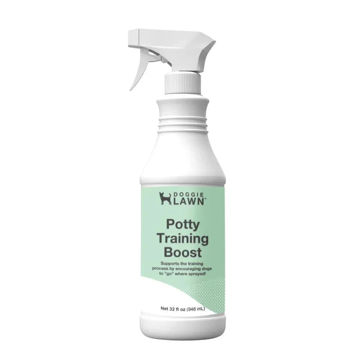 DoggieLawn Potty Training Boost spray bottle, used to encourage dogs to go on a designated dog grass potty.