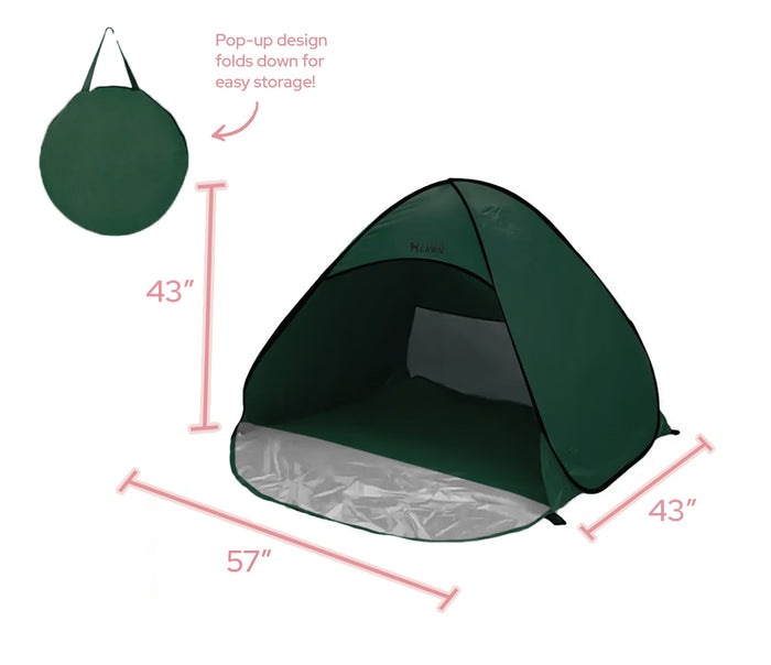 XL green pop-up dog potty shelter tent measuring 57 by 43 by 43 inches, shown with folded carrying size.