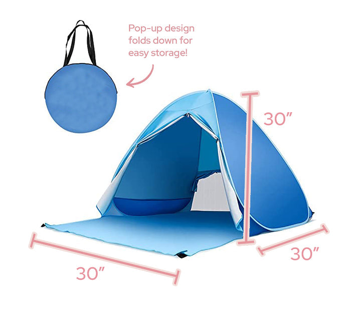 Blue pop-up dog potty tent, 30 by 30 by 30 inches, with round carrying case for easy storage.