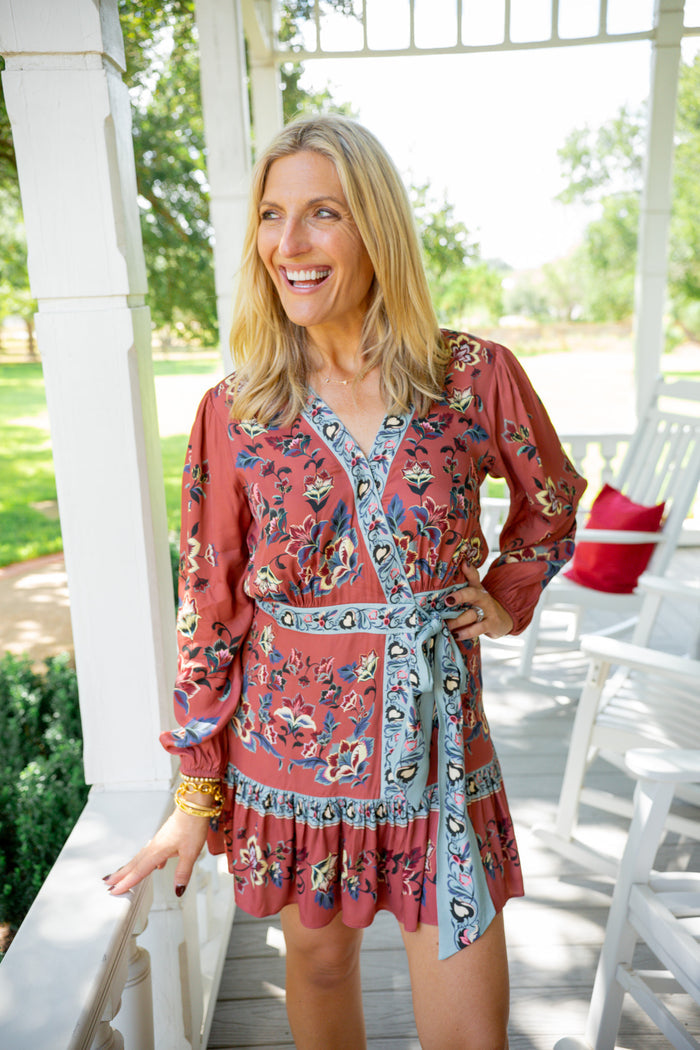 Floral Beauty Tapestry Wrap Mini Dress, Blush Pink