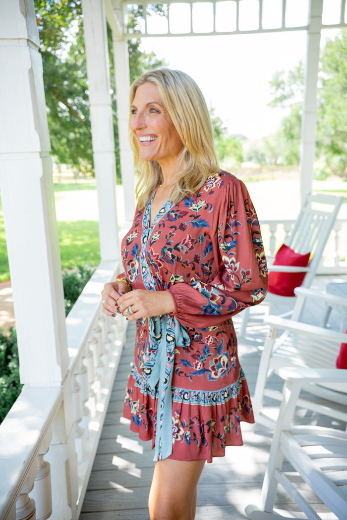 Floral Beauty Tapestry Wrap Mini Dress, Blush Pink