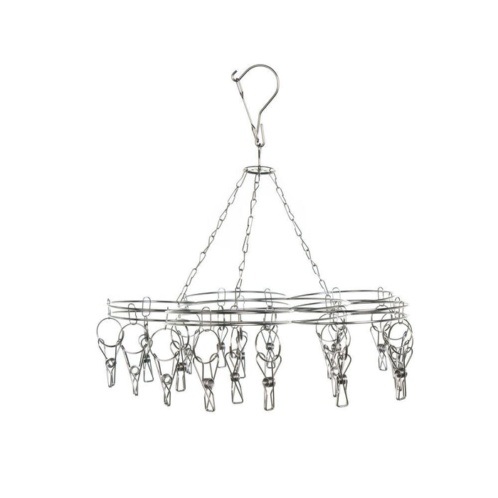 Angled side view of the Enviro flower stainless steel sock hanger model showing the triple-ring design and secure hanging hook.