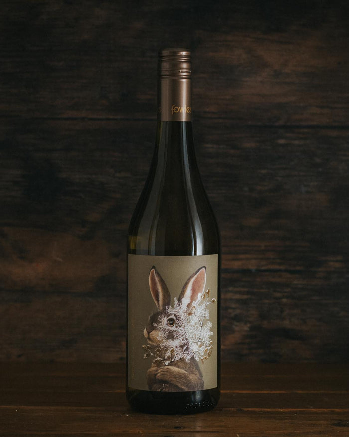 A bottle of Fowles Are You Game Chardonnay.
