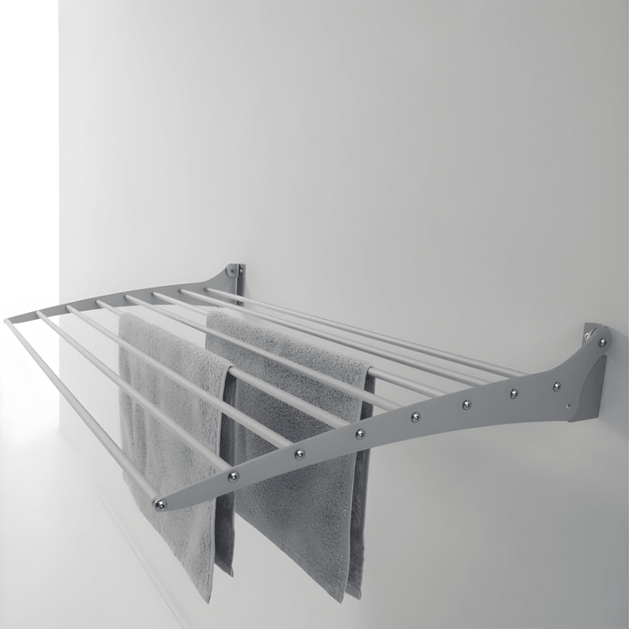 FoxyDry Fold wall mounted clothesline drying rack clothes airer with towels hanging.
