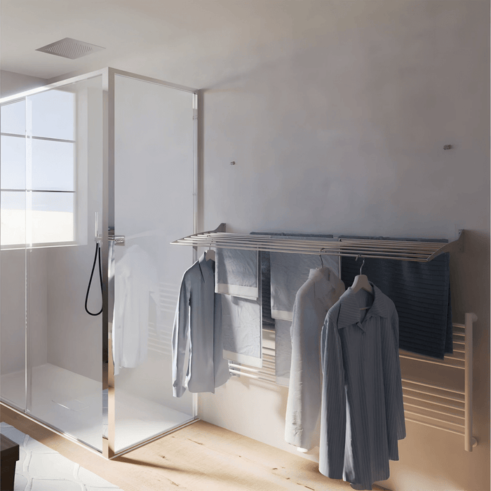 FoxyDry Fold wall mounted clothesline drying rack clothes airer installed in bathroom.