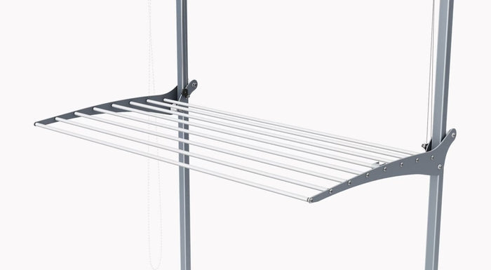 FoxyDry Wall aluminium side bracket and hinge detail – heavy duty height adjustable wall mounted drying rack system.