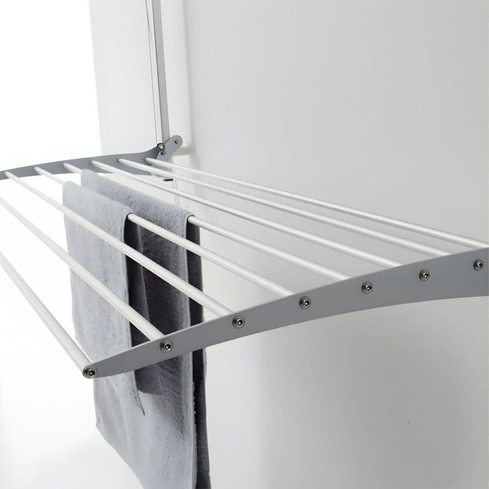 FoxyDry Wall wall mounted drying rack with towels hanging – height adjustable indoor clothes airer.