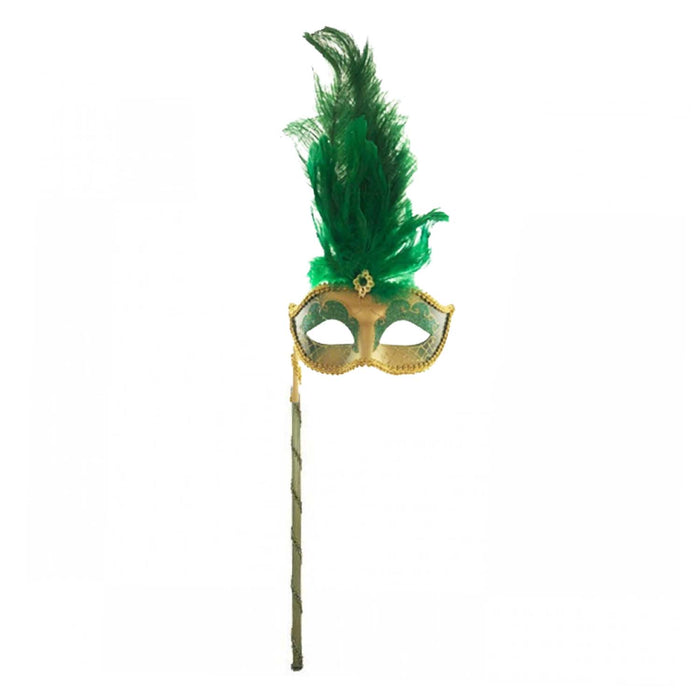 Green & Gold Feather Stick Mask from the 2026 Moonlight Masquerade Halloween collection at Roger's Gardens