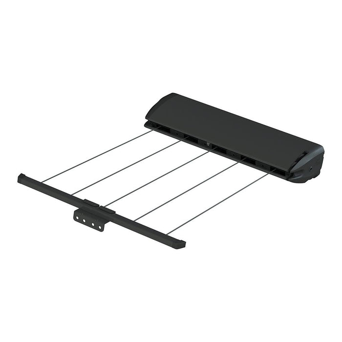 Hills Retractable 5 Line clothesline in a Monument finish shown extended with seven drying lines.