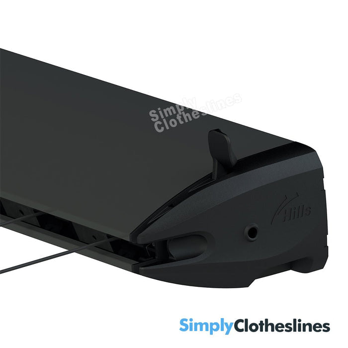 Close-up of the side profile and line tensioning lever on the Hills Retractable 7 Line clothesline.