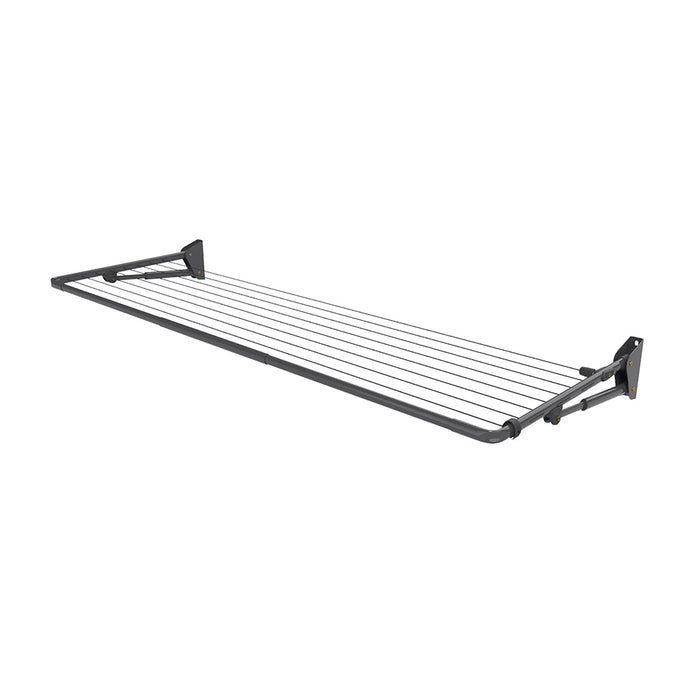 Hills Compact Fold Down clothesline in a dark Monument finish shown fully extended.