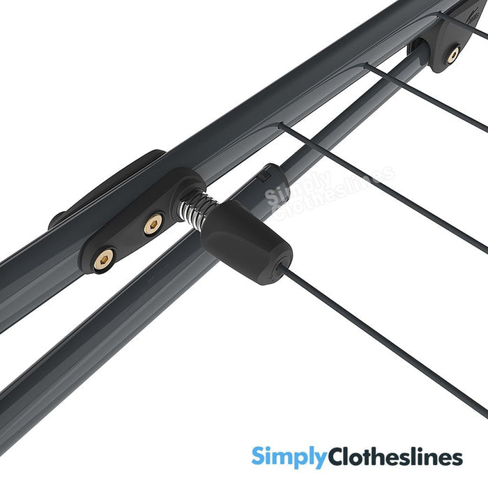 Close-up of the high-quality strut and locking mechanism on the Hills Compact Fold Down clothesline.