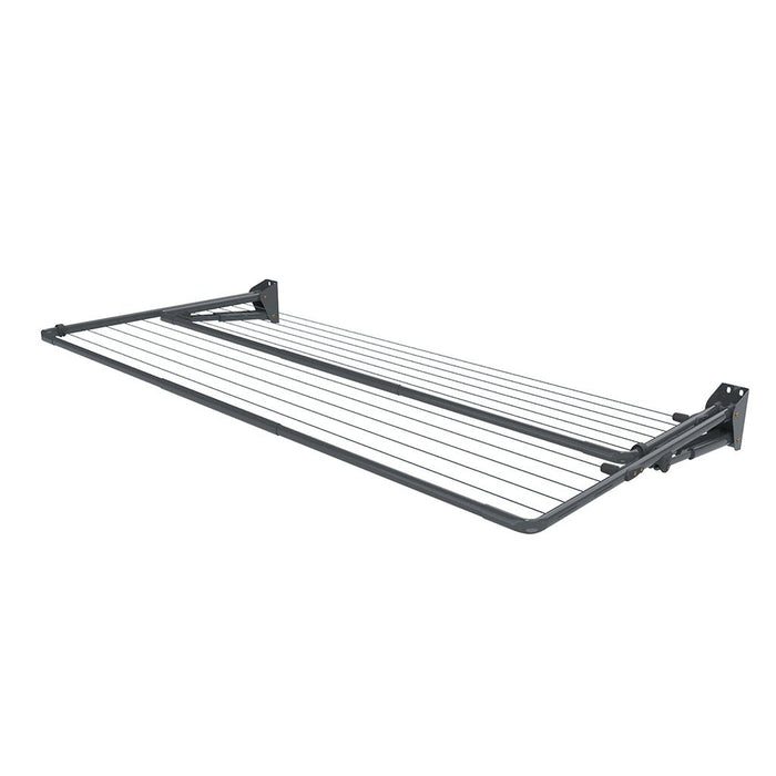 Hills Double Fold Down clothesline in a dark Monument finish shown fully extended with both frames open.