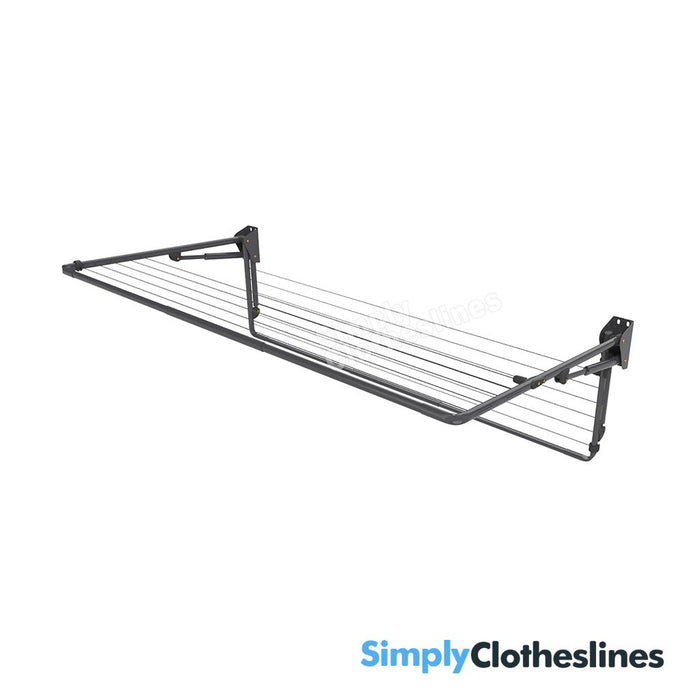 Hills Double Fold Down clothesline in a light Monument finish showing the main frame open and the smaller frame folded flat against the wall.