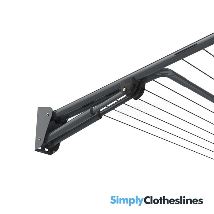 Detailed side view of the wall bracket and support arms for the Hills Double Fold Down clothesline.