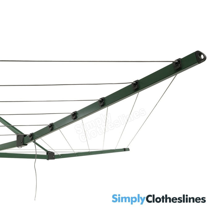 Side view of the Hills Everyday Folding Rotary clothesline arm showing the lines and coat hanger hook.
