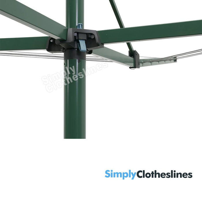 Close-up of the central head and locking collar on the Norfolk Pine Hills Everyday Rotary clothesline.