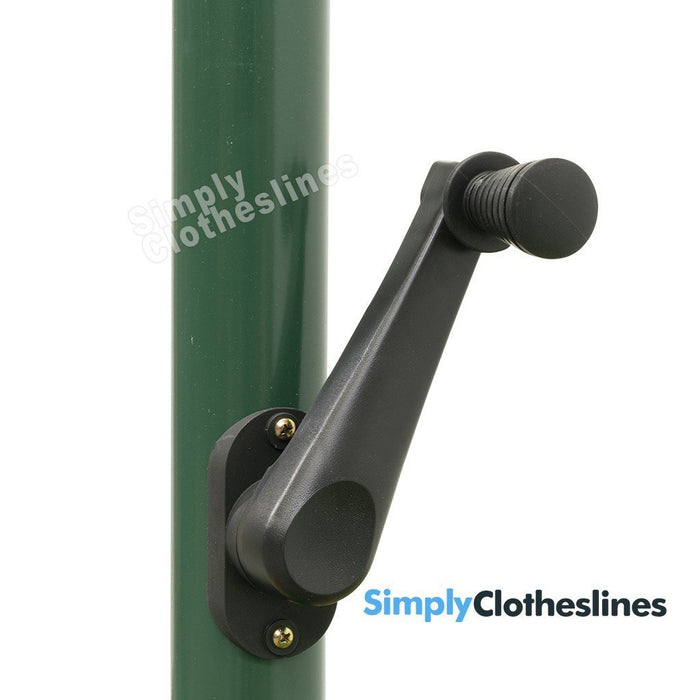 Detailed view of the ergonomic winding handle used to raise and lower the Hills Everyday 37 Rotary clothesline.