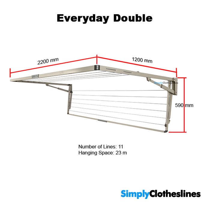 Dimensions diagram for the Hills Everyday Double clothesline showing  2.2m (2200mm) width, 1.2m (1200mm) depth of the main frame, 59cm depth of the secondary frame, and 11 lines with 23m of hanging space.