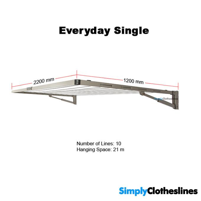 Hills Everyday Single Clothesline - Simply ClotheslineDimensions diagram for the Hills Everyday Single clothesline showing a 2.2m (2200mm) width, 1.2m (1200mm) depth, and 10 lines with 21m of hanging space.