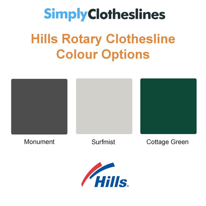 Colour selection chart for Hills Rotary clotheslines showing Monument, Surfmist, and Cottage Green finishes.
