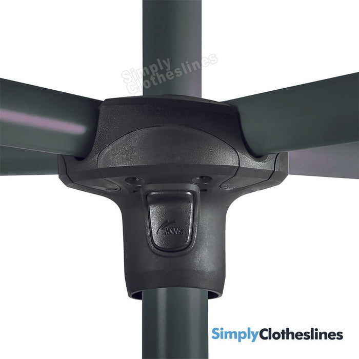 Close-up of the central head folding and latch mechanism on the Hills Rotary 6 Line clothesline.