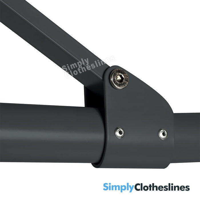 Close-up of the clothesline arm hinge and secure bolt attachment on the Hills Rotary 6 Line.