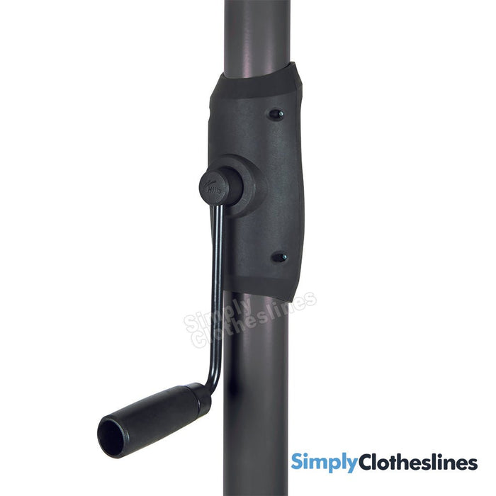 Detailed view of the ergonomic winding handle used to raise and lower the Hills Rotary 6 Line clothesline.