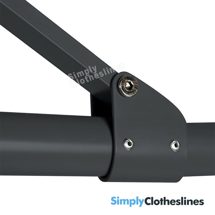 Close-up of the clothesline arm hinge and secure bolt attachment on the Hills Rotary 7 Line.