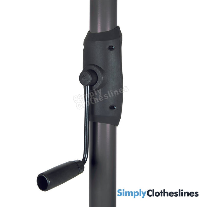 Detailed view of the ergonomic winding handle used to raise and lower the Hills Rotary 7 Line clothesline.