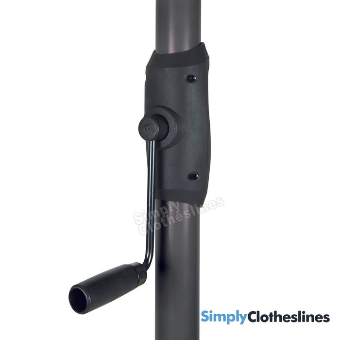 Detailed view of the ergonomic winding handle used to raise and lower the Hills Rotary 8 Line clothesline.