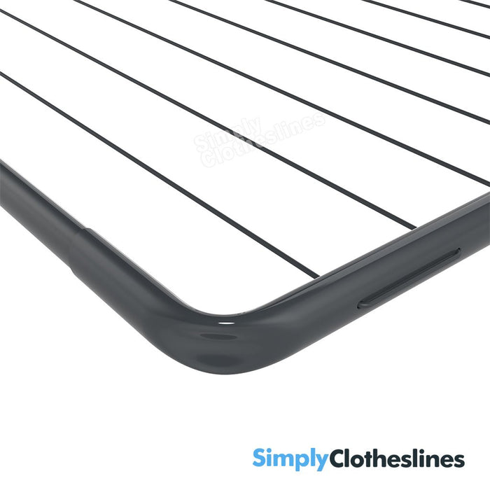 Close-up of the curved metal frame on the Hills Long Fold Down clothesline.