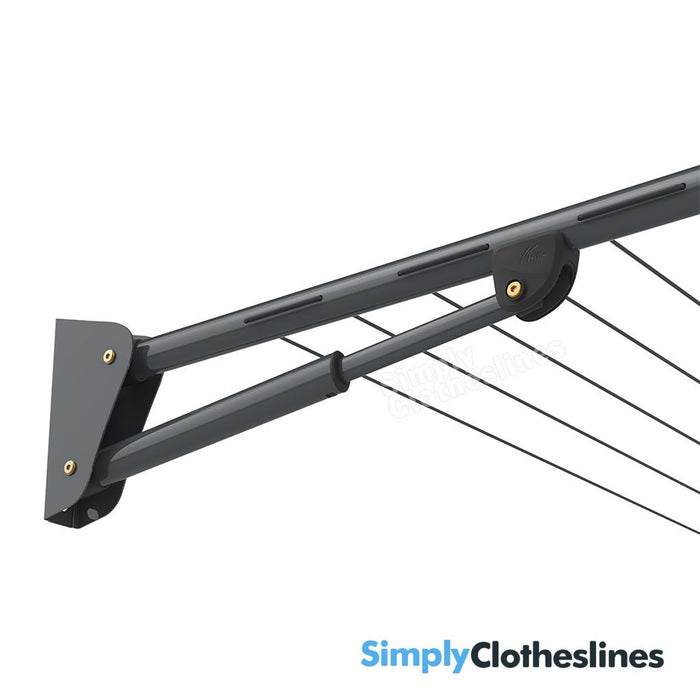 Detailed side view of the wall bracket and support arm for the Hills Long Fold Down clothesline.