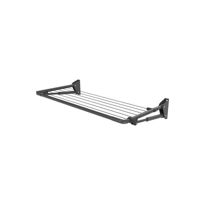Hills Mini Fold Down clothesline in a dark Monument finish shown fully extended.