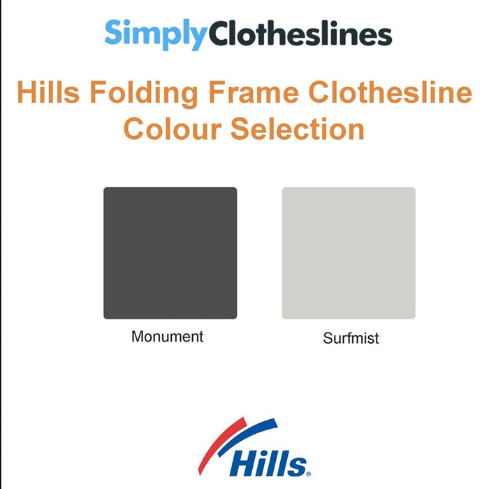Colour selection chart for Hills folding frame clotheslines showing Monument and Surfmist finishes.