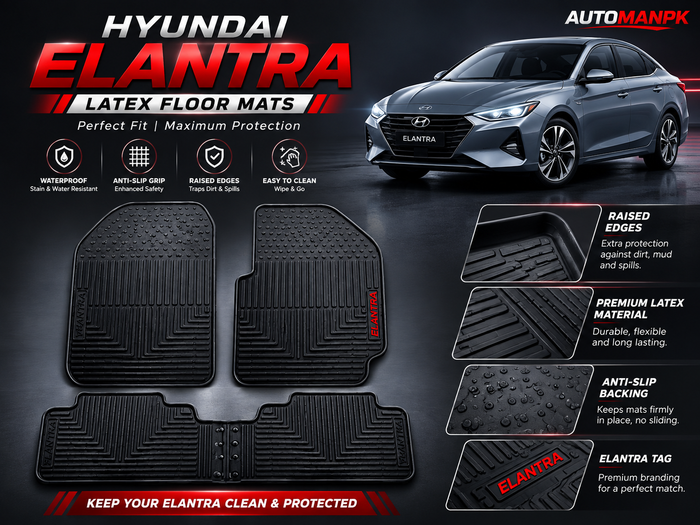 Hyundai Elantra Latex Floor Mats 3Pcs – 2 Front + 1 Rear | Waterproof | Anti-Slip | Custom Fit