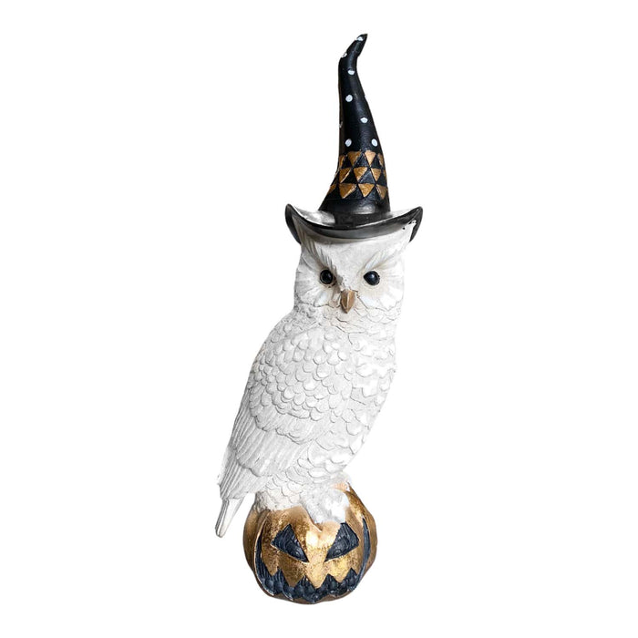 Ivory Owl with Gold Pumpkin - 14" Tall from the 2026 Moonlight Masquerade Halloween collection at Roger's Gardens